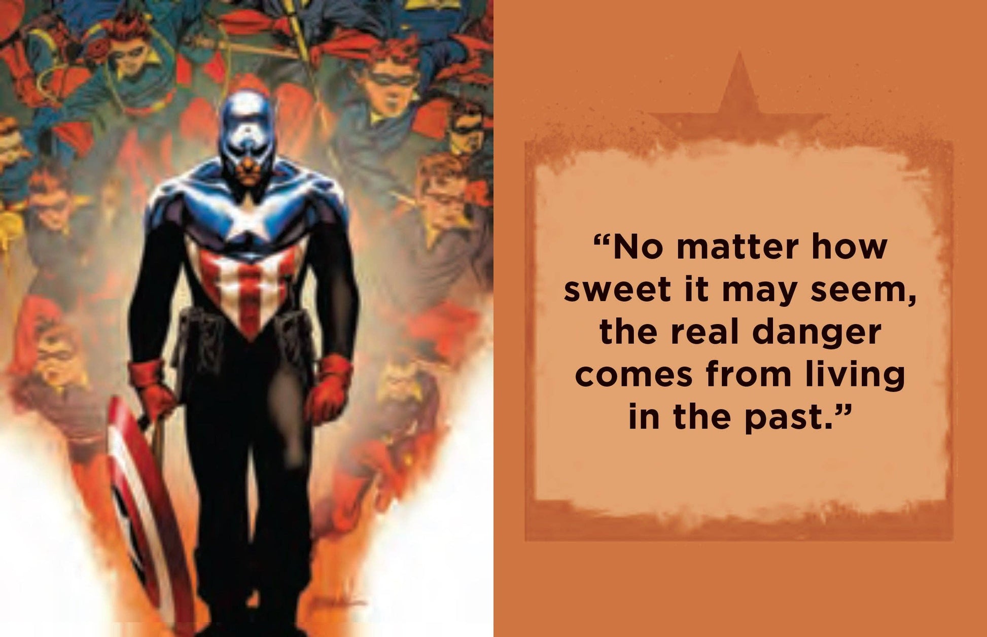 Captain America tiny book, holding a shield with a quote on an orange background