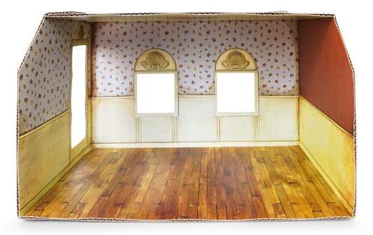 Cardboard model of a room with wooden floor and patterned walls