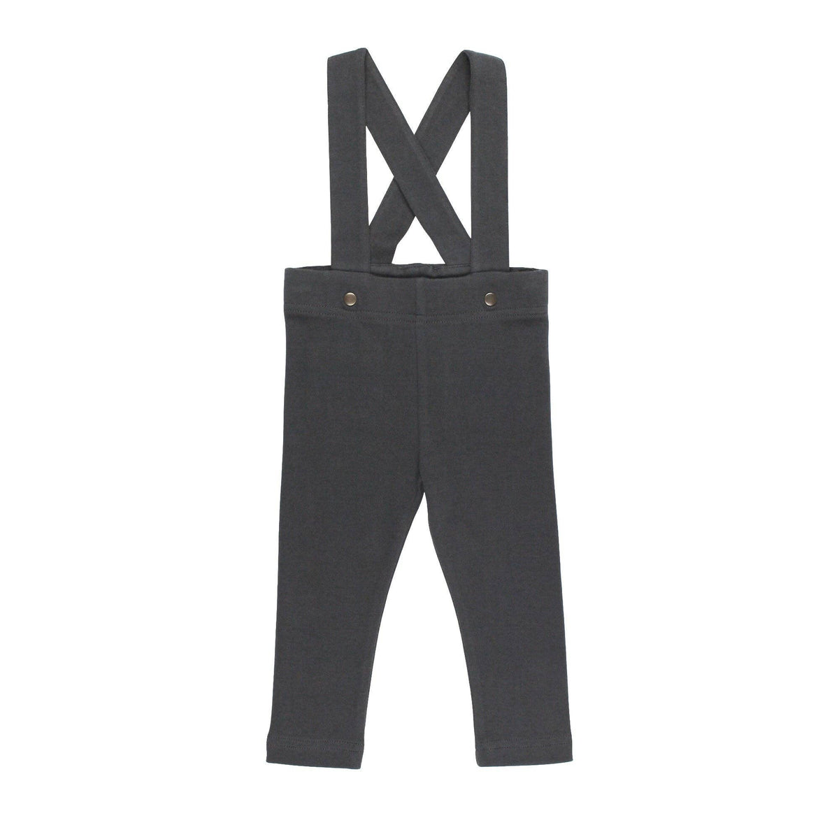 Charcoal pants with suspenders on a white background