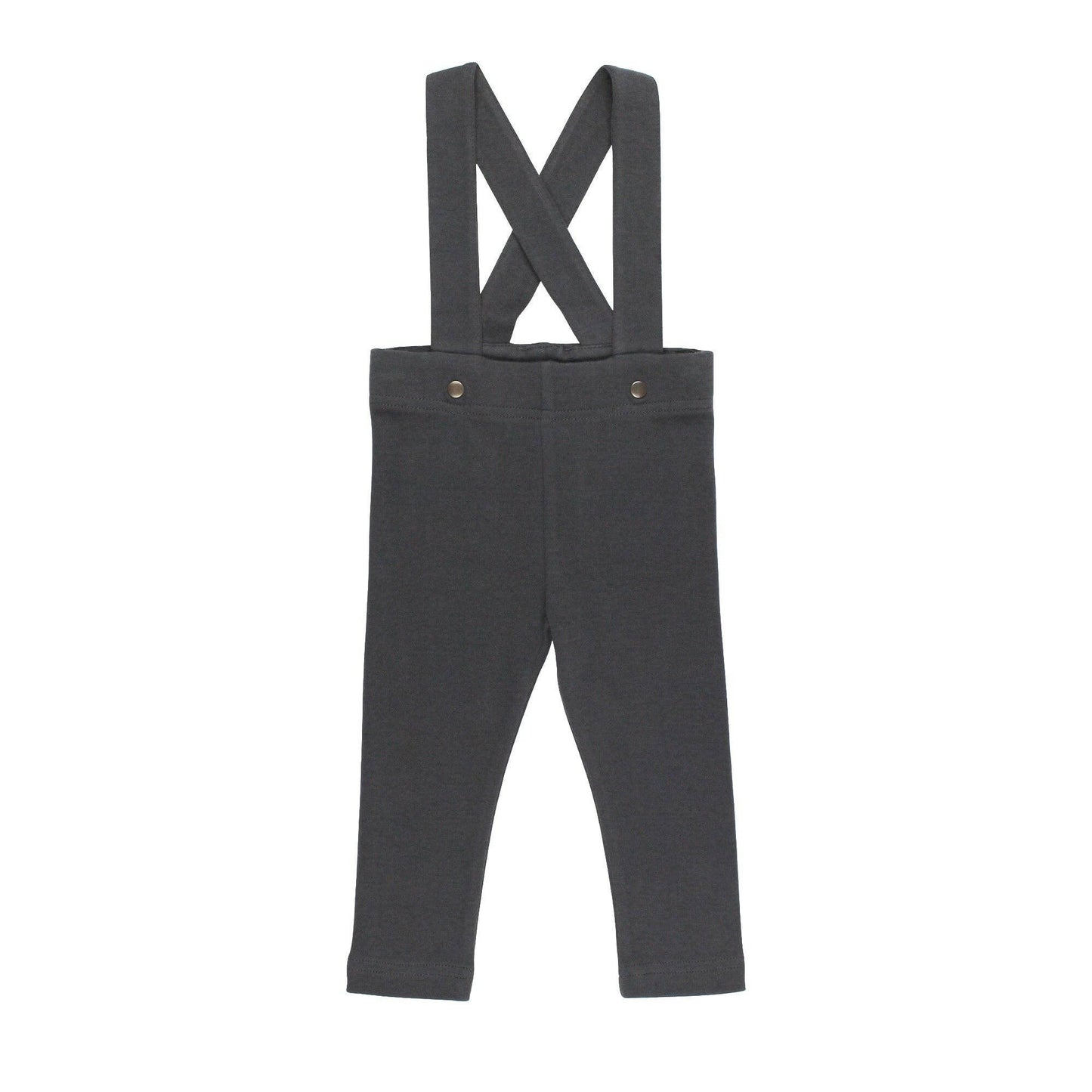 Charcoal pants with suspenders on a white background