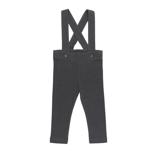 Charcoal pants with suspenders on a white background