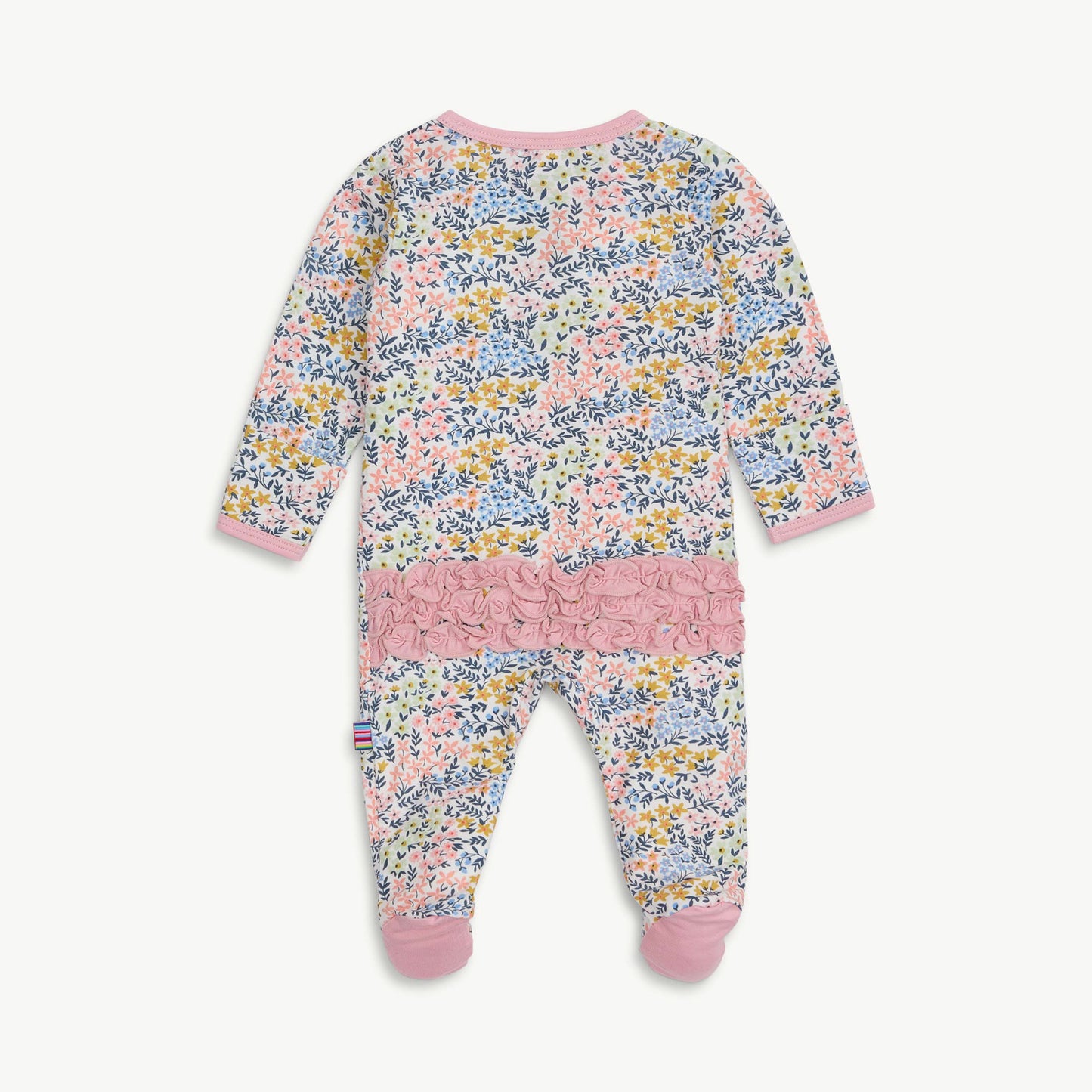 Floral baby onesie with pink accents on a white background