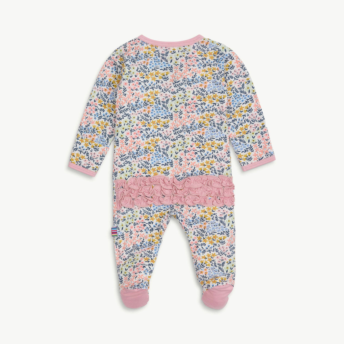 Floral baby onesie with pink accents on a white background