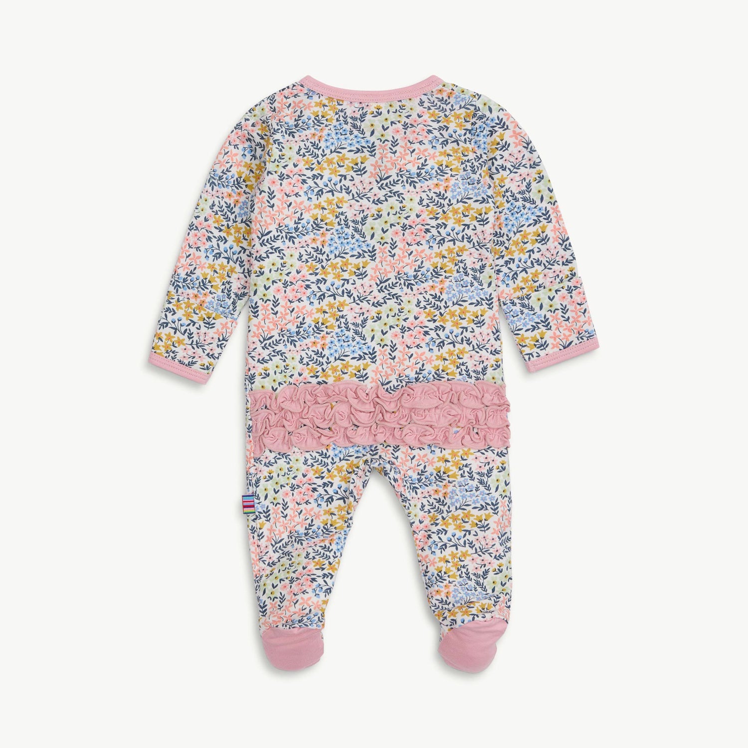 Floral baby onesie with pink accents on a white background