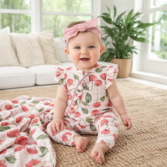 Baby in a cherry-patterned outfit sitting on a carpeted floor with a pink headband.