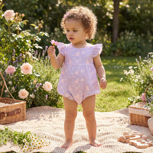 Child in a princess romper standing on a blanket in a garden with flowers and picnic baskets.