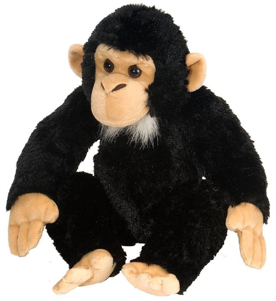 Plush monkey toy with black fur and tan face on a white background