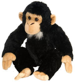 Plush monkey toy with black fur and tan face on a white background