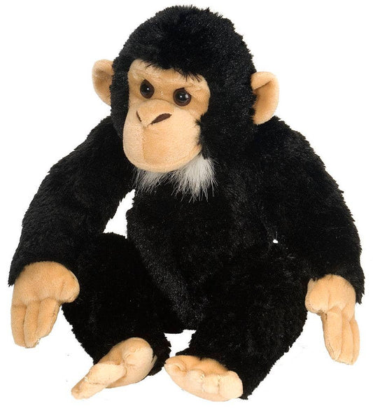 Plush monkey toy with black fur and tan face on a white background