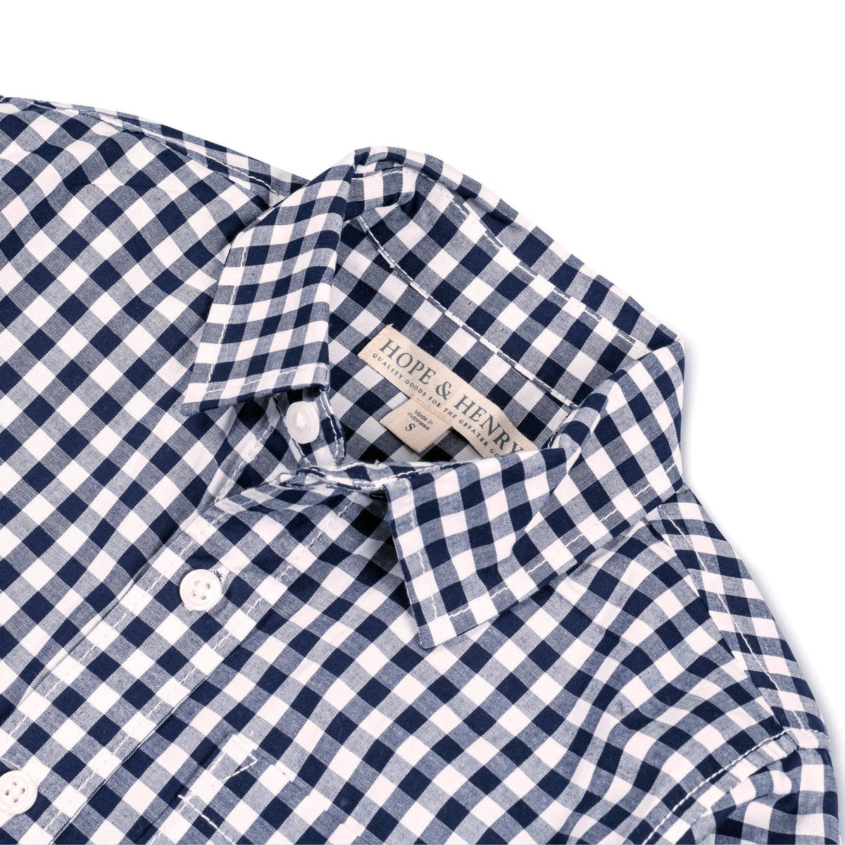Navy and white checkered shirt with 'Hope & Henry' tag on a white background