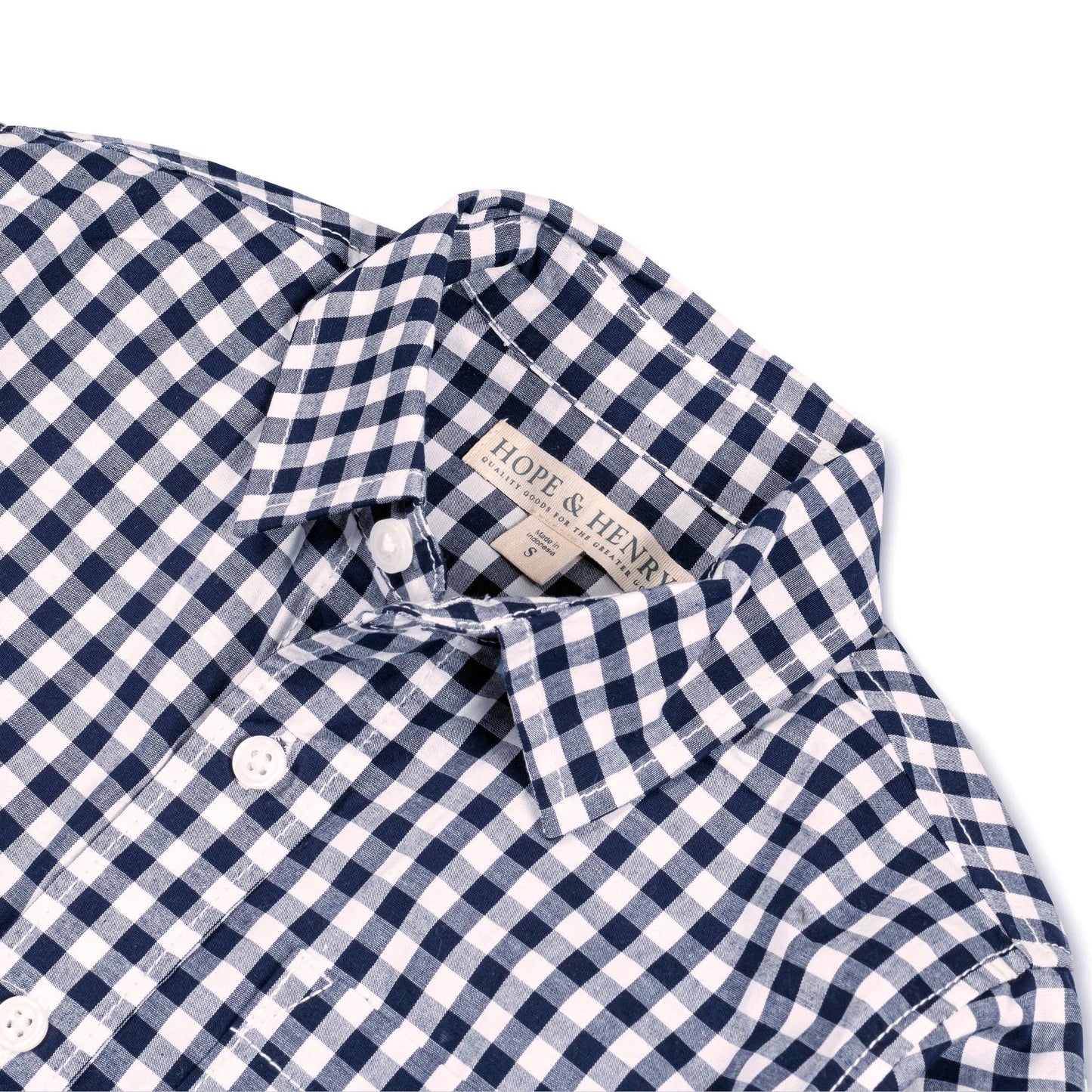 Navy and white checkered shirt with 'Hope & Henry' tag on a white background