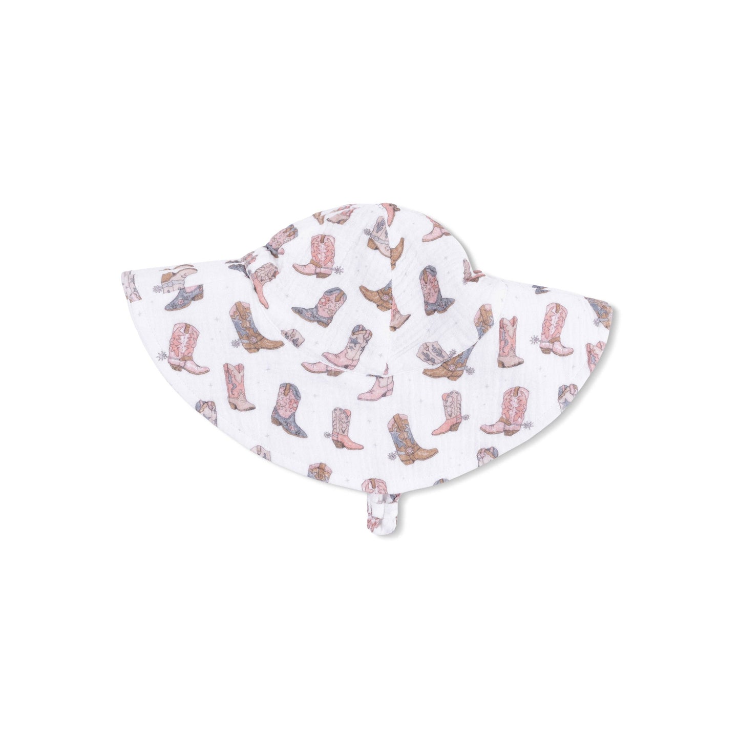 Baby sun hat with cowboy boot pattern on a white background