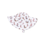 Baby sun hat with cowboy boot pattern on a white background