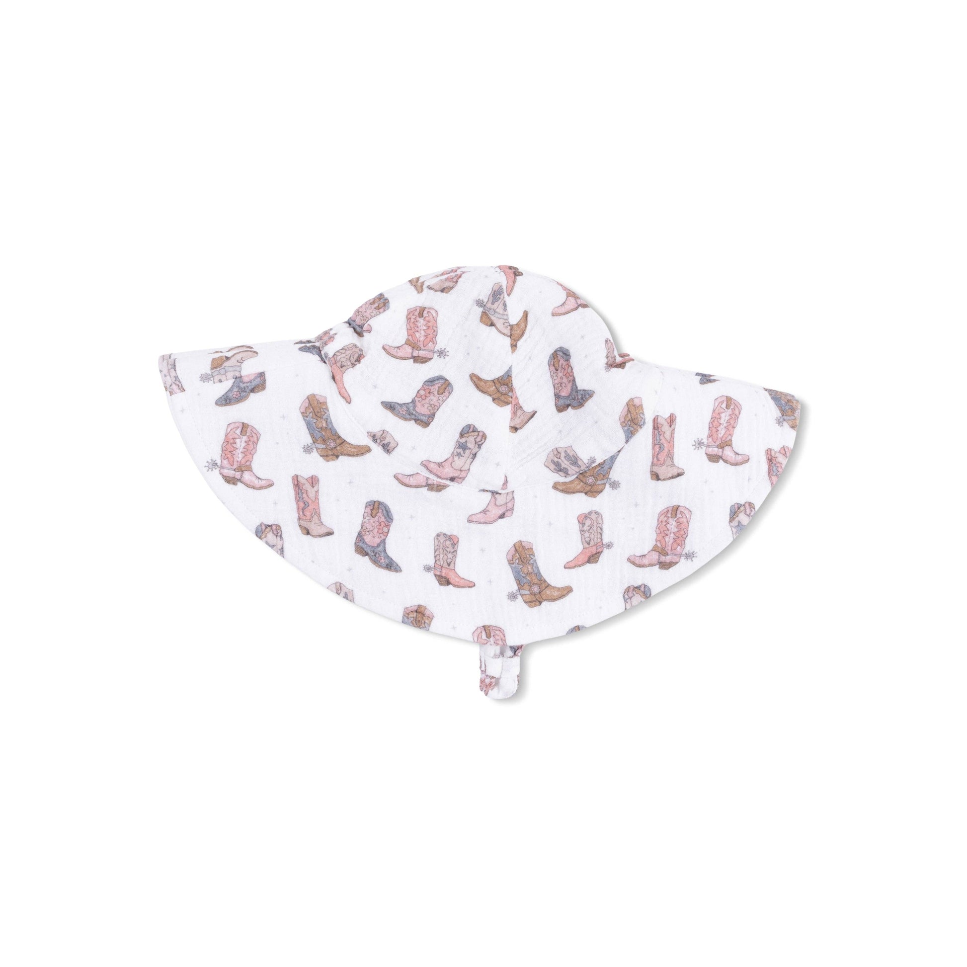Baby sun hat with cowboy boot pattern on a white background