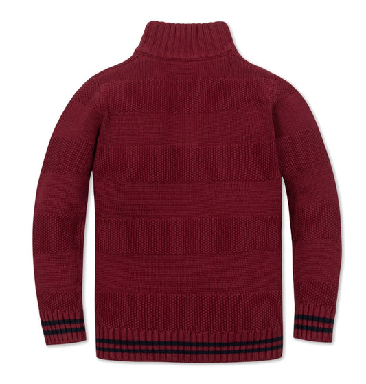 Back of Red knitted sweater with striped cuffs on a white background