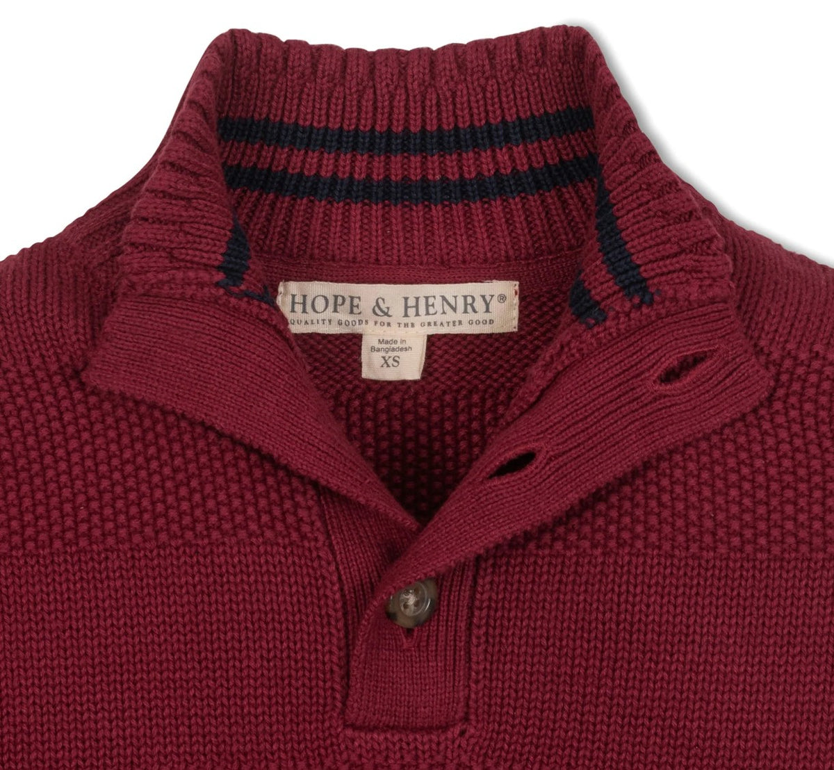 Red knit sweater with striped collar and Hope & Henry label on a white background