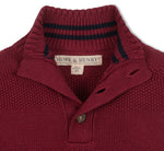 Red knit sweater with striped collar and Hope & Henry label on a white background