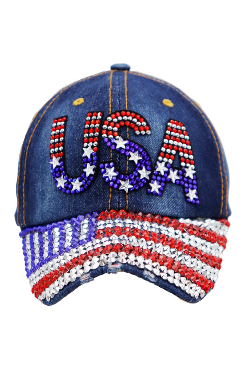 Denim cap with 'USA' and American flag design on a white background