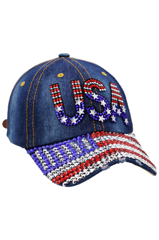 Denim cap with 'USA' and American flag design on a white background