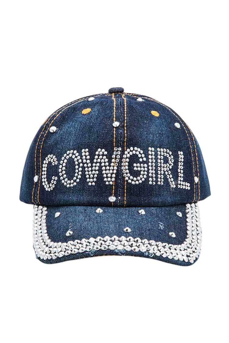 Denim cap with 'COWGIRL' text and pearl embellishments on a white background