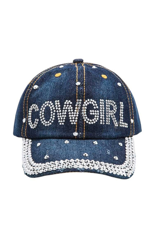 Denim cap with 'COWGIRL' text and pearl embellishments on a white background