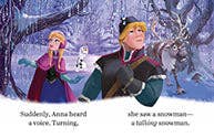 Disney Frozen tiny book Illustration of two characters in a snowy landscape with text about a snowman.