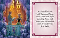 Disney Frozen tiny book Illustration of a couple dancing under a crystal chandelier with a decorative border.