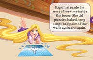 Animated character from 'Tangled' with a text box explaining her time inside the tower.