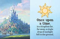Disney Tangled tiny book Fantasy castle with sun and moon illustration on a blue background