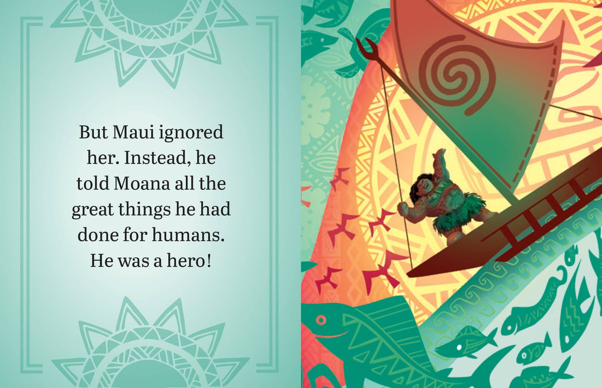 Moana tiny book Illustration of Maui on a boat with text about ignoring someone and being a hero.