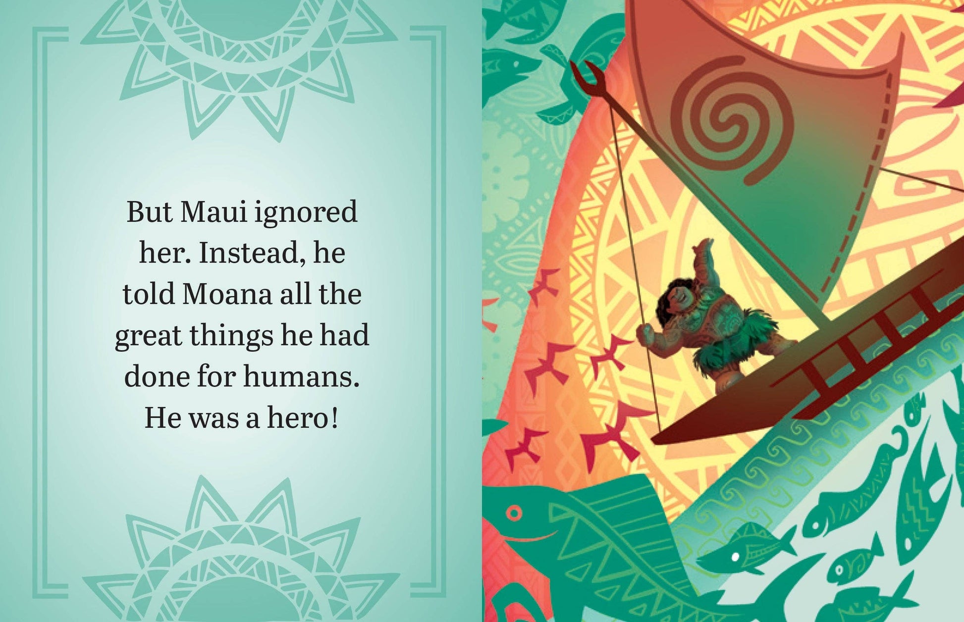 Moana tiny book Illustration of Maui on a boat with text about ignoring someone and being a hero.
