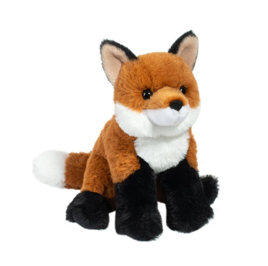 Mini Sitting Fox plush with black stockings and white tail tip