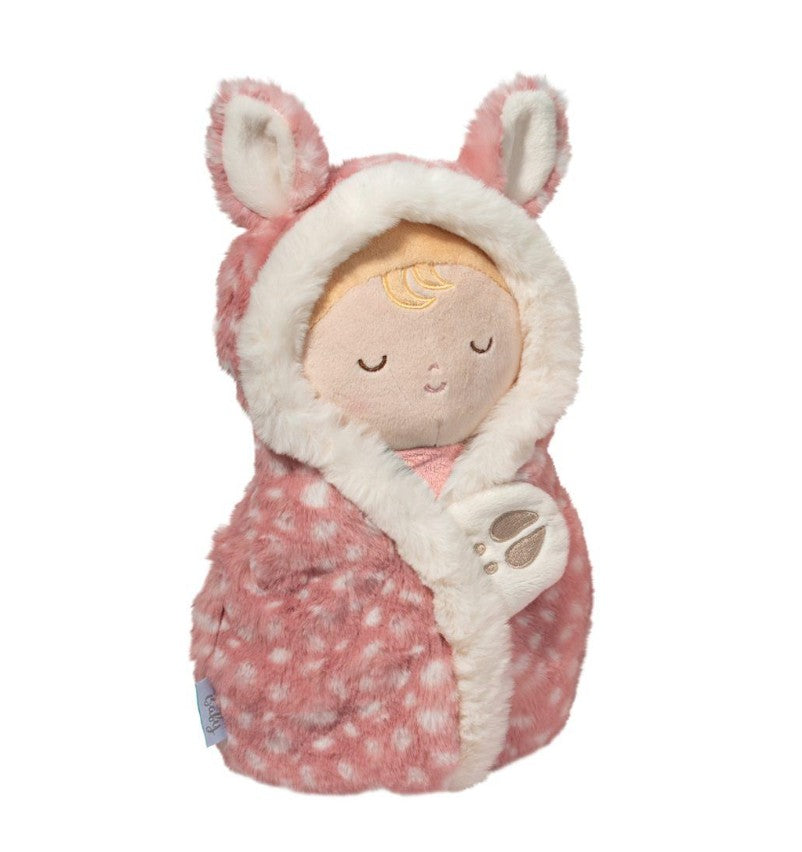 Baby Fawn Hug soft doll in pink spotted fawn swaddle