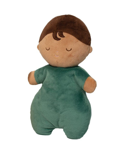 Baby doll in woodsy green onesie from the Baby Fox Hug set