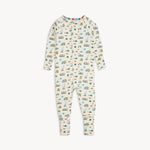 Children's onesie with truck pattern on a white background