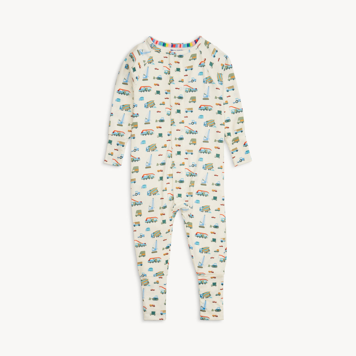 Children's onesie with truck pattern on a white background