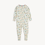 Children's onesie with truck pattern on a white background