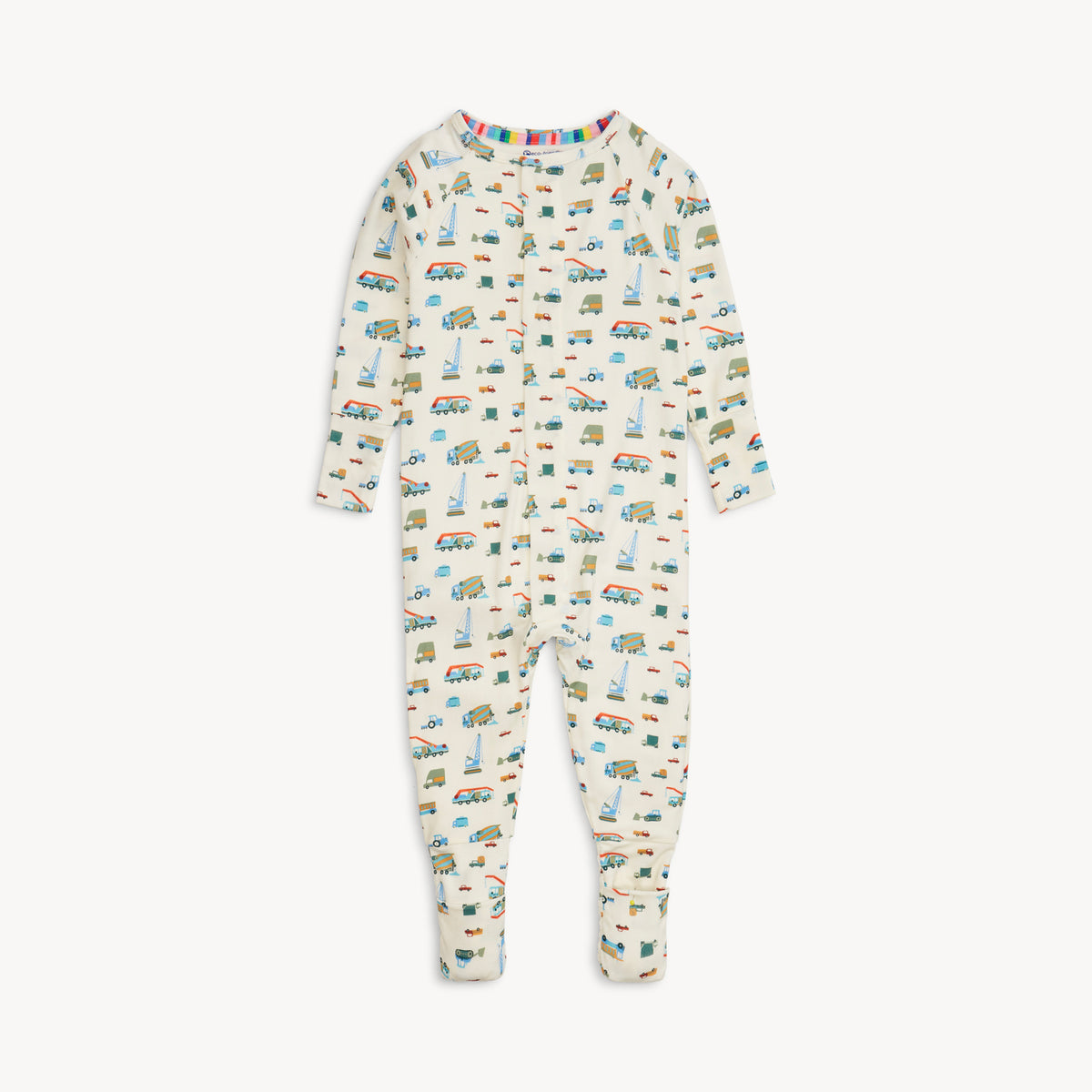 Children's onesie with truck pattern on a white background