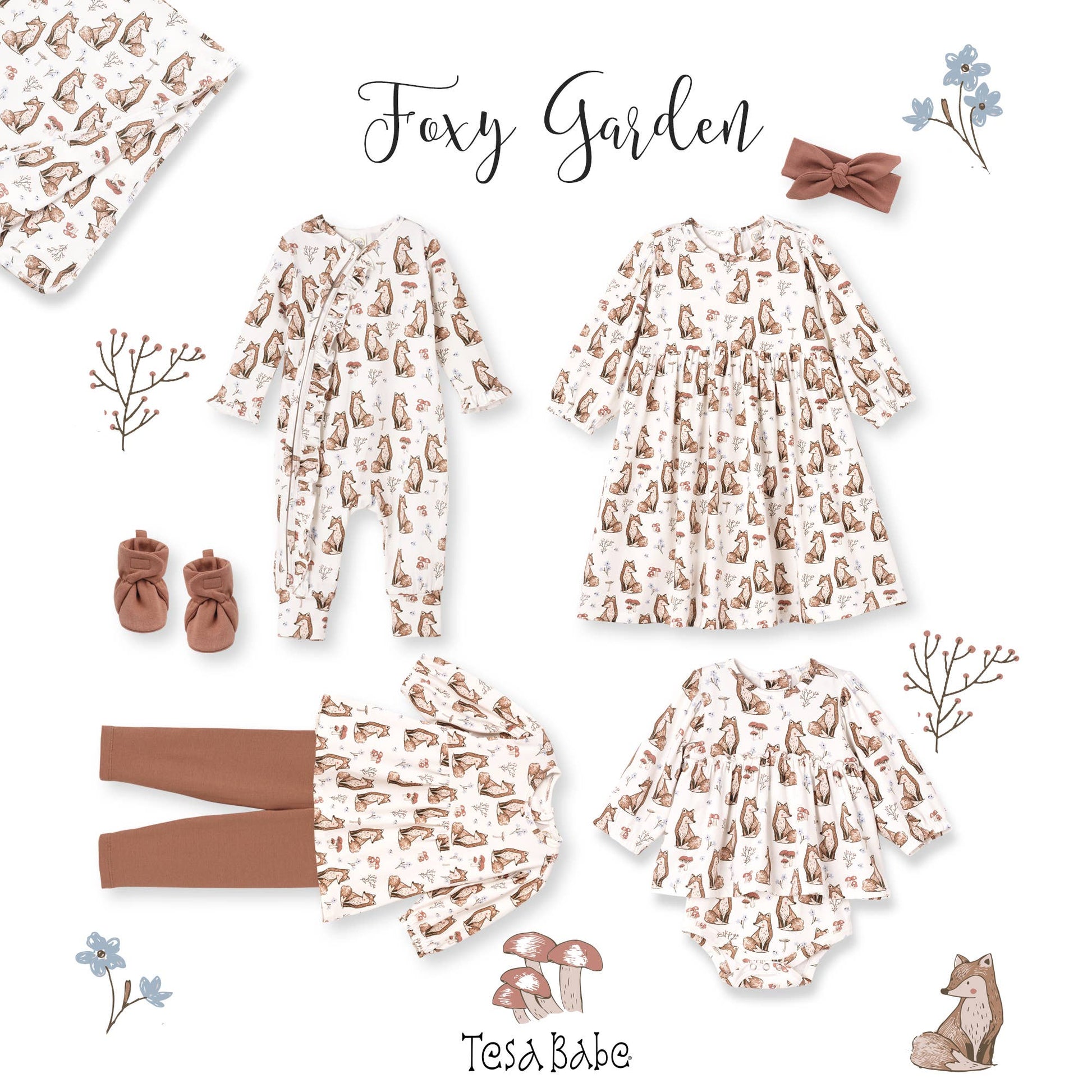 Collection of baby clothing and accessories with 'Foxy Garden' branding on a white background.