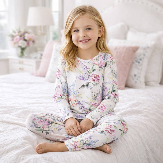 Young girl wearing floral pajamas sitting on a bed in a bright bedroom.
