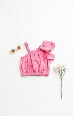 Girls Pink crop top with ruffled details on a white background