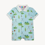 Baby romper with golf pattern on a light blue background