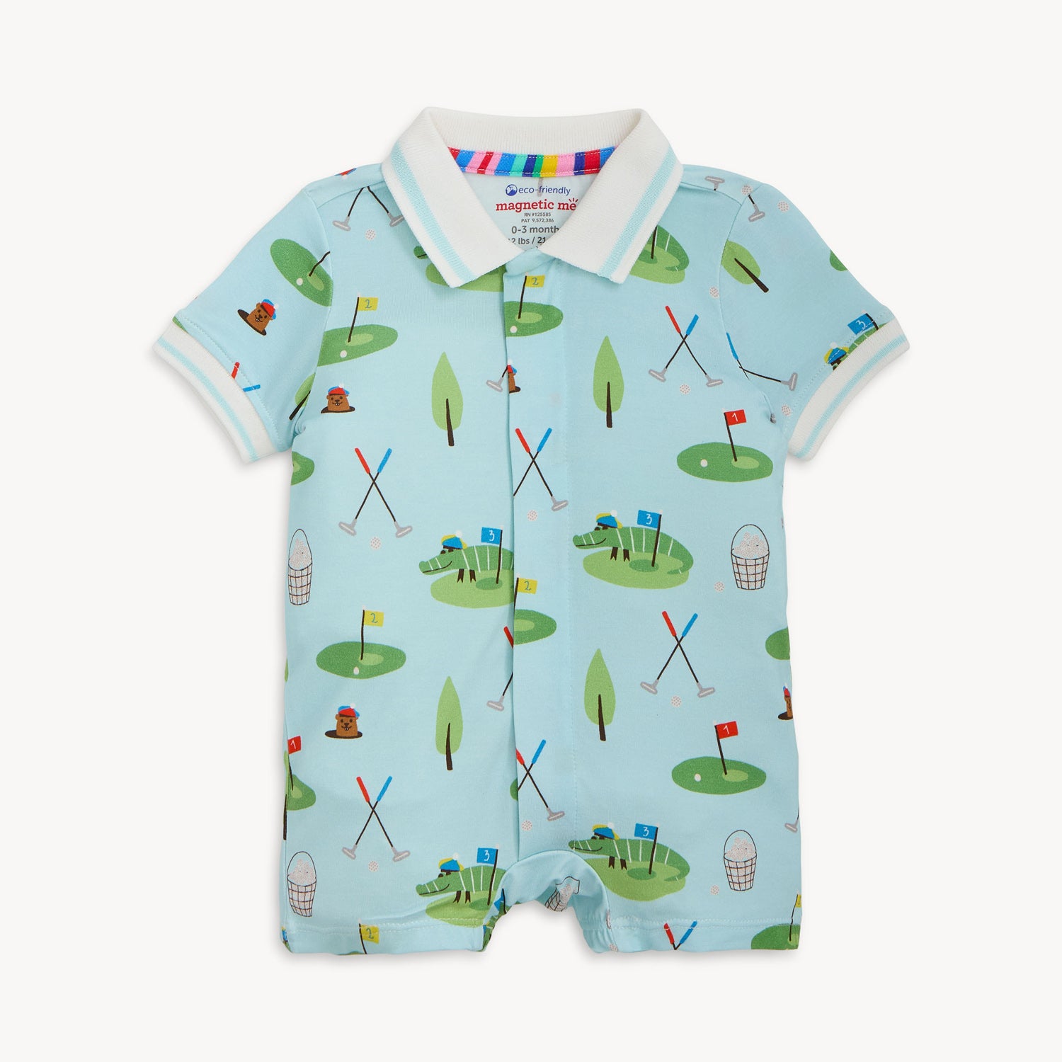 Baby romper with golf pattern on a light blue background