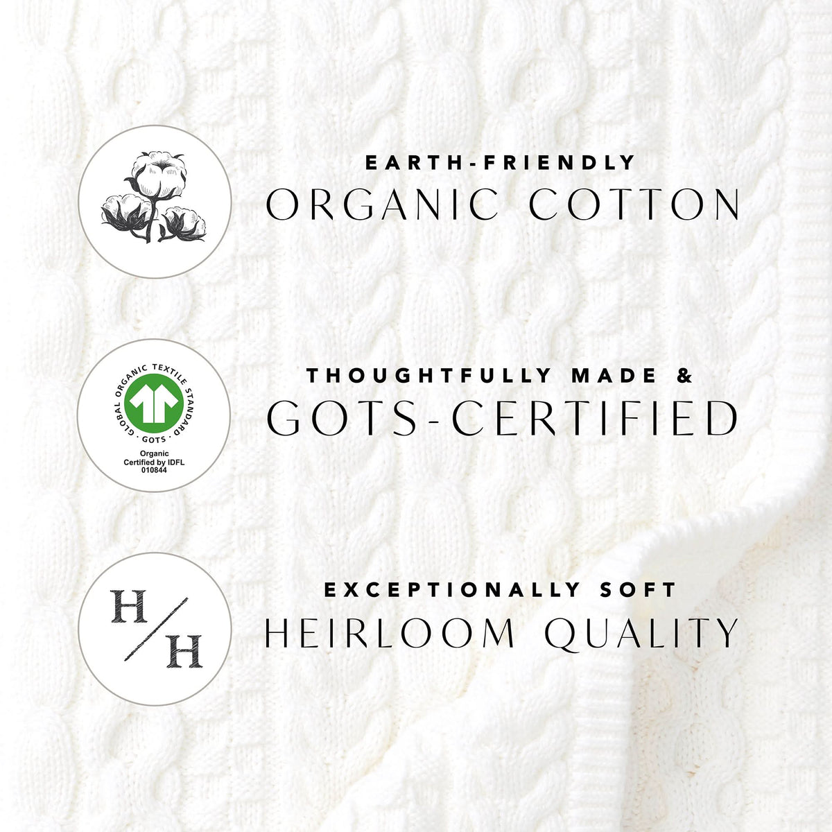 Text and logos about organic cotton with a white fabric background