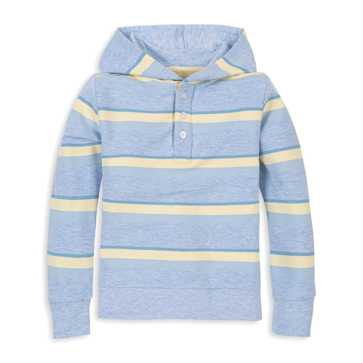 Blue and yellow striped hoodie on a white background