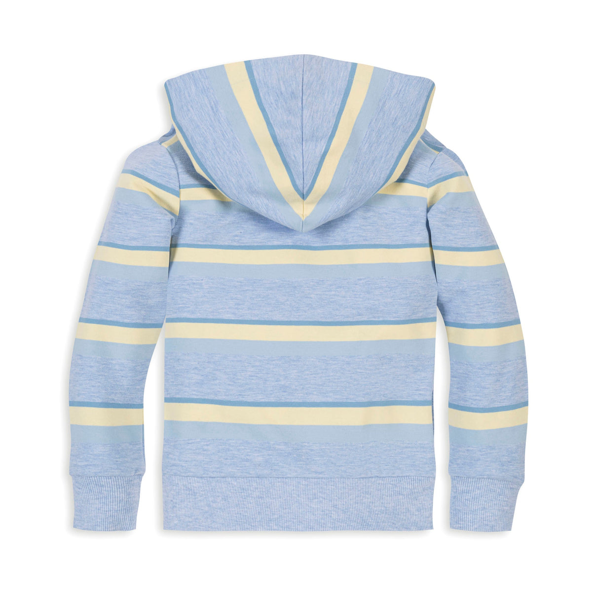 back of Blue and yellow striped hoodie on a white background