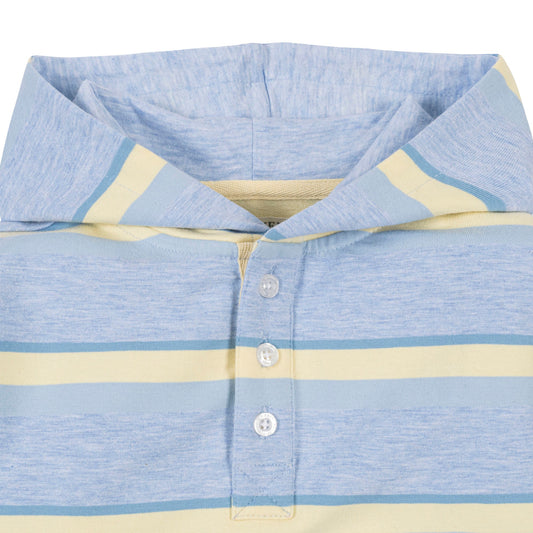 Close-up of a blue and yellow striped shirt with buttons on a white background