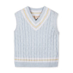 Light blue knitted vest with yellow trim on a white background