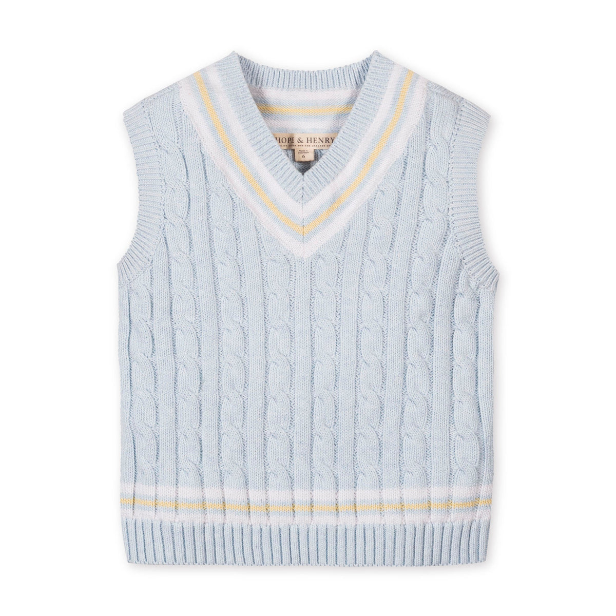 Light blue knitted vest with yellow trim on a white background