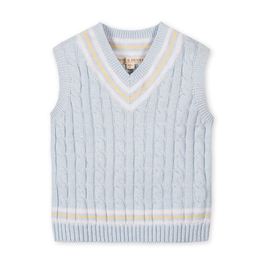 Light blue knitted vest with yellow trim on a white background